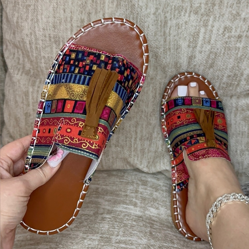Stylish Boho Tribal Design Slip-on Sandals sizes 6, 7, 7.5, 8, 9, 10